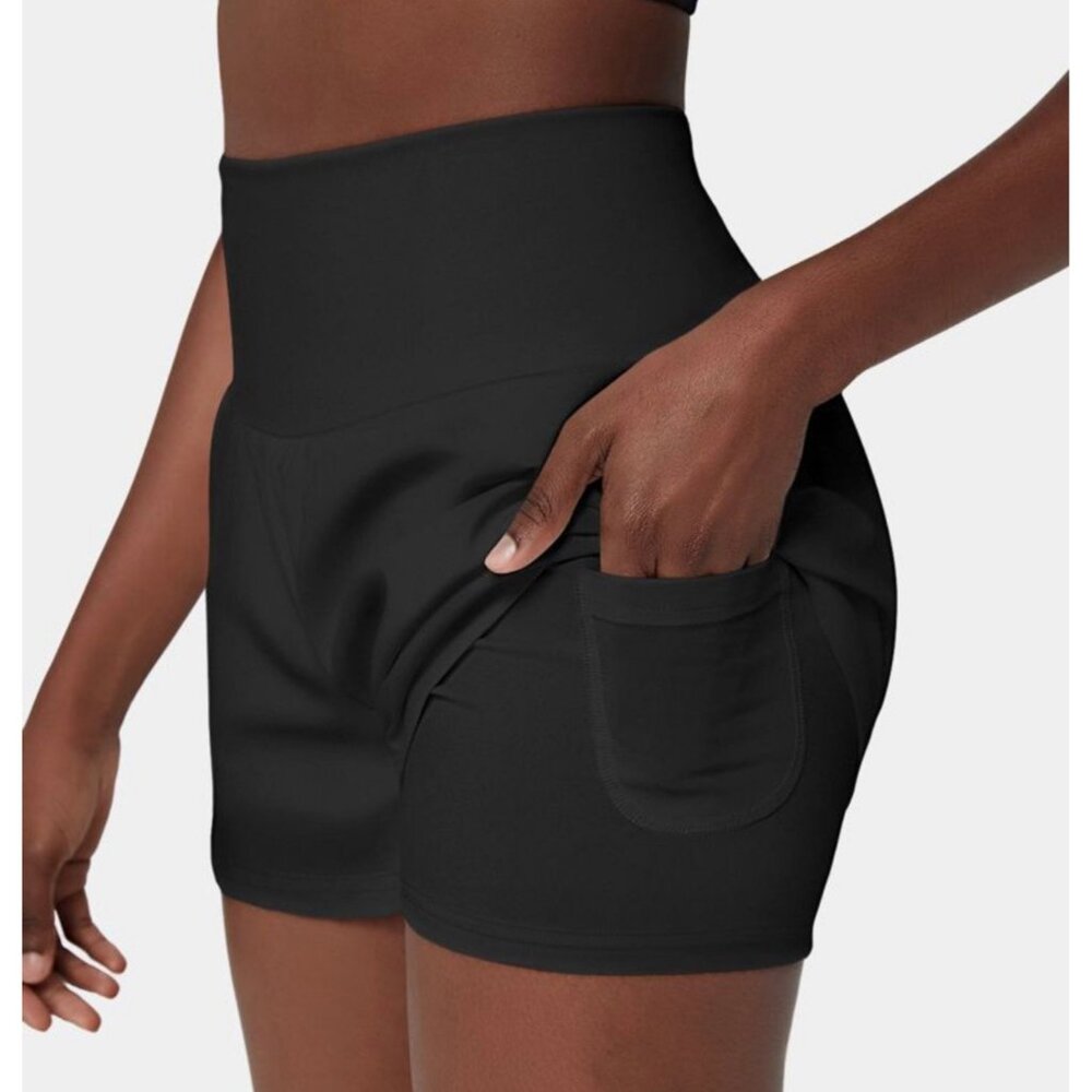 Halara Super High Waisted Yoga Shorts Sz Large Womens Black Back Pocket & Side P - Picture 3 of 8